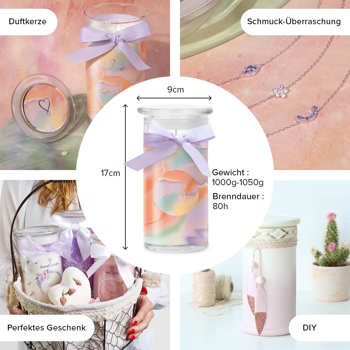 jewelcandle JuwelKerze Soft Waves Armband Silber - Schmuckkerze 80 Std - große Duftkerze im Glas mit frischem Duft - Kerze mit Schmuck - Geschenke für Frauen