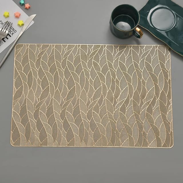 Hosoncovy 4 Pack Decorative Rectangle PVC Placemats Leaf Placemats Hollow Dining Table Place Mats Heat Resistant Non-slip Dining Placemats Table Mats for Home Kitchen Wedding (Gold)