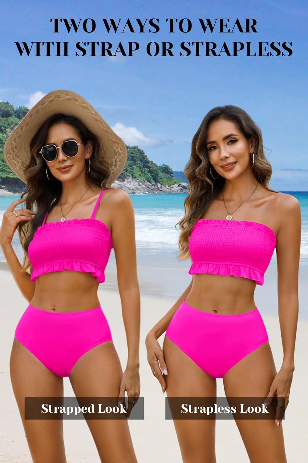 Tempt Me Women Bandeau High Waisted Bikini Sets Smocked Swimsuit Strapless Two Piece Bathing Suit
