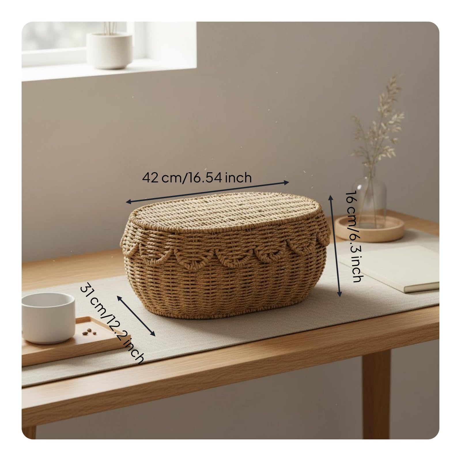 Baoblaze Cesta de Almacenamiento Tejida Caja Contenedor Organizador con Tapa de Cuerda de Papel Hecha a Mano Resistente y Ligera Adecuada para Escritorio, Grande 42x31x16cm