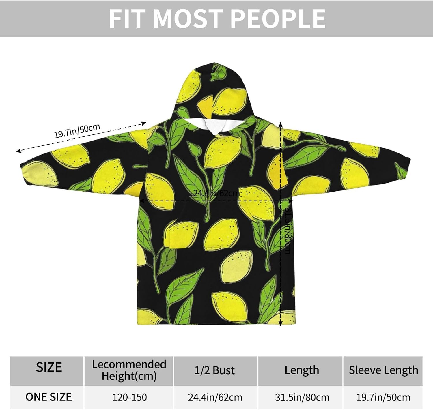 Yellow Fresh Lemons Print Oversized Blanket Hoodie, Wearable Blanket Hooded,Hooded Pullover With Pocket