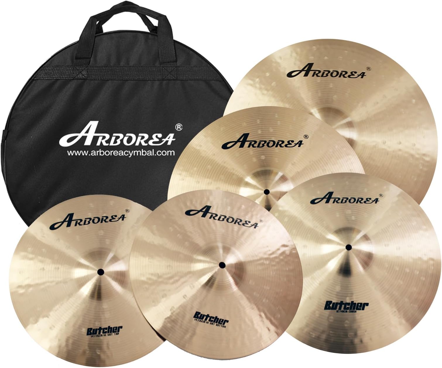 Arborea B20 Bronze Alloy Cymbal Set Butcher Series 5pcs 14"Hihats 16"Crash 18" Crash 20" Ride, Handcrafted for Professional Drummers, Rich Tone & Durable Performance