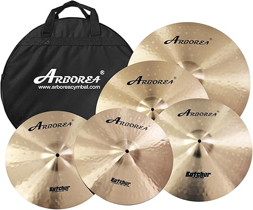 Arborea Juego de platillos de aleación de bronce B20, serie carnicero, 5 piezas, Hihats de 14 pulgadas, 16 pulgadas, Crash 18 pulgadas, Crash 20