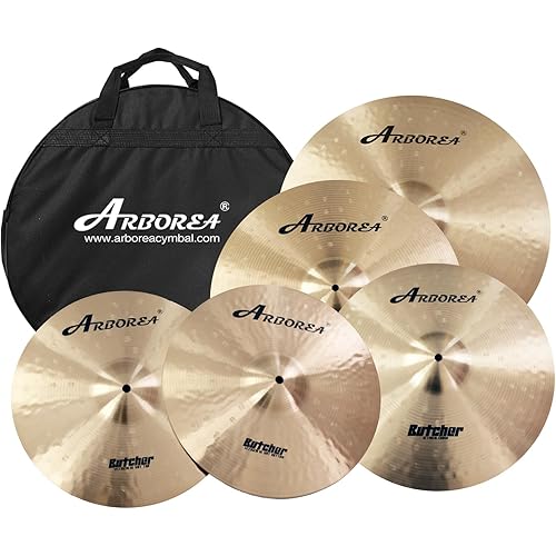 Arborea B20 Bronze Alloy Cymbal Set Butcher Series 5pcs 14"Hihats 16"Crash 18" Crash 20" Ride, Handcrafted for Professional Drummers, Rich Tone & Durable Performance