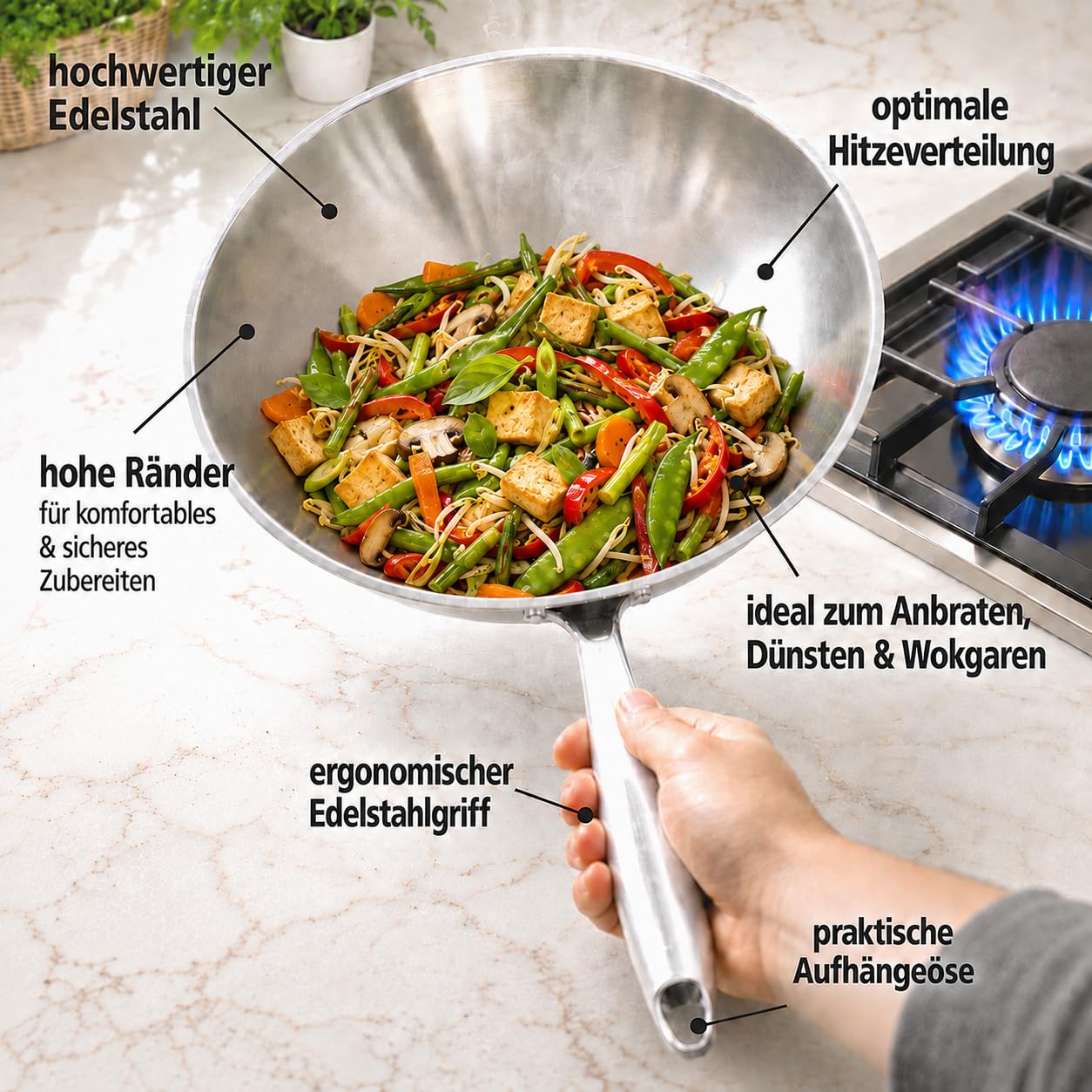 ⌀30 cm Wok Pfanne aus Edelstahl, unbeschichtet & langlebig, 3-lagiges Material für optimale Wärmeverteilung, mit Glasdeckel, vielseitig verwendbar, für alle Herdarten geeignet