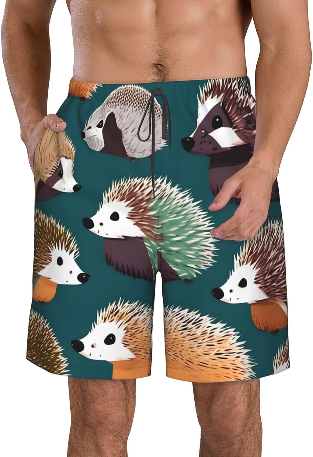 Many Hedgehogs Print Men's Quick-Drying Shorts Casual Beach Pants Stretch Waist Shorts and Pockets