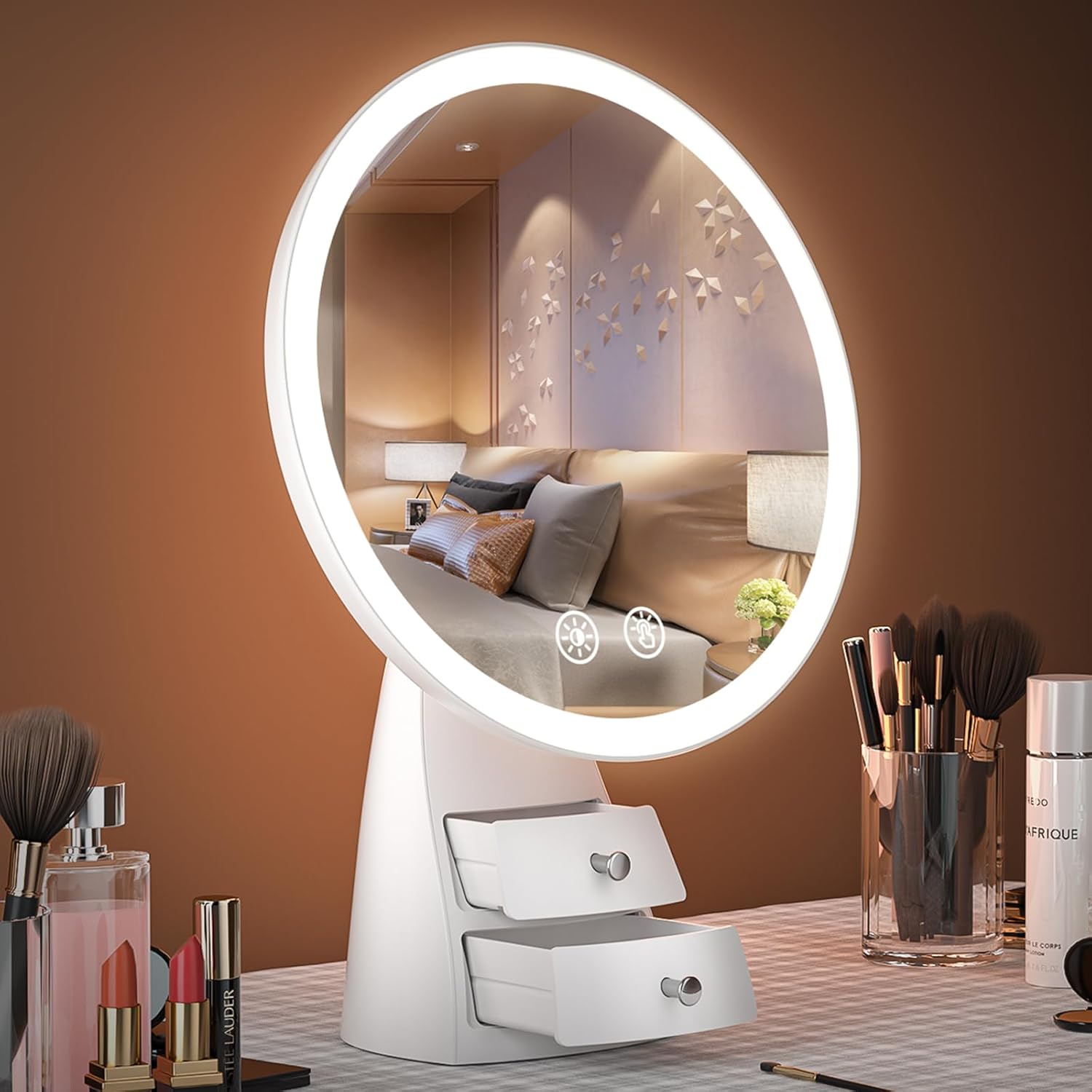 Lighted Makeup Mirror with Organizer, Rechargeable Tabletop Basics Makeup Mirror, Round Vanity Mirror with Lights, 3 Color Modes & Adjustable Brightness, White