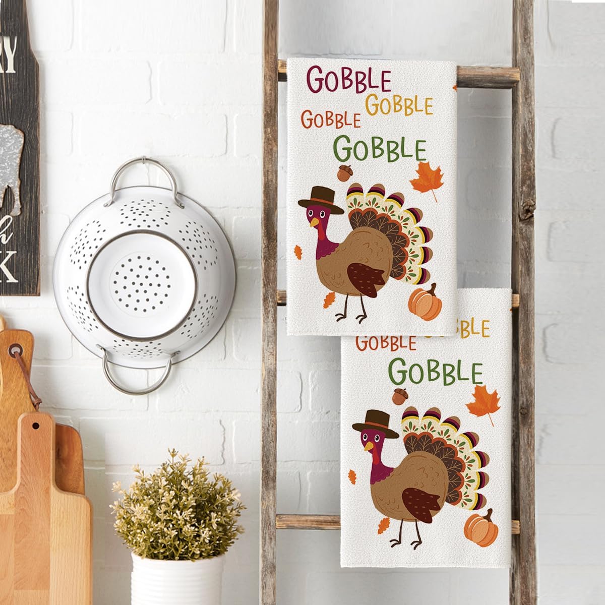 Artoid Mode Turkey Thanksgiving Kitchen Towels Dish Towels, 18x26 Inch Fall Gobble Pumpkin Decoration Hand Towels Set of 2 - Image 3