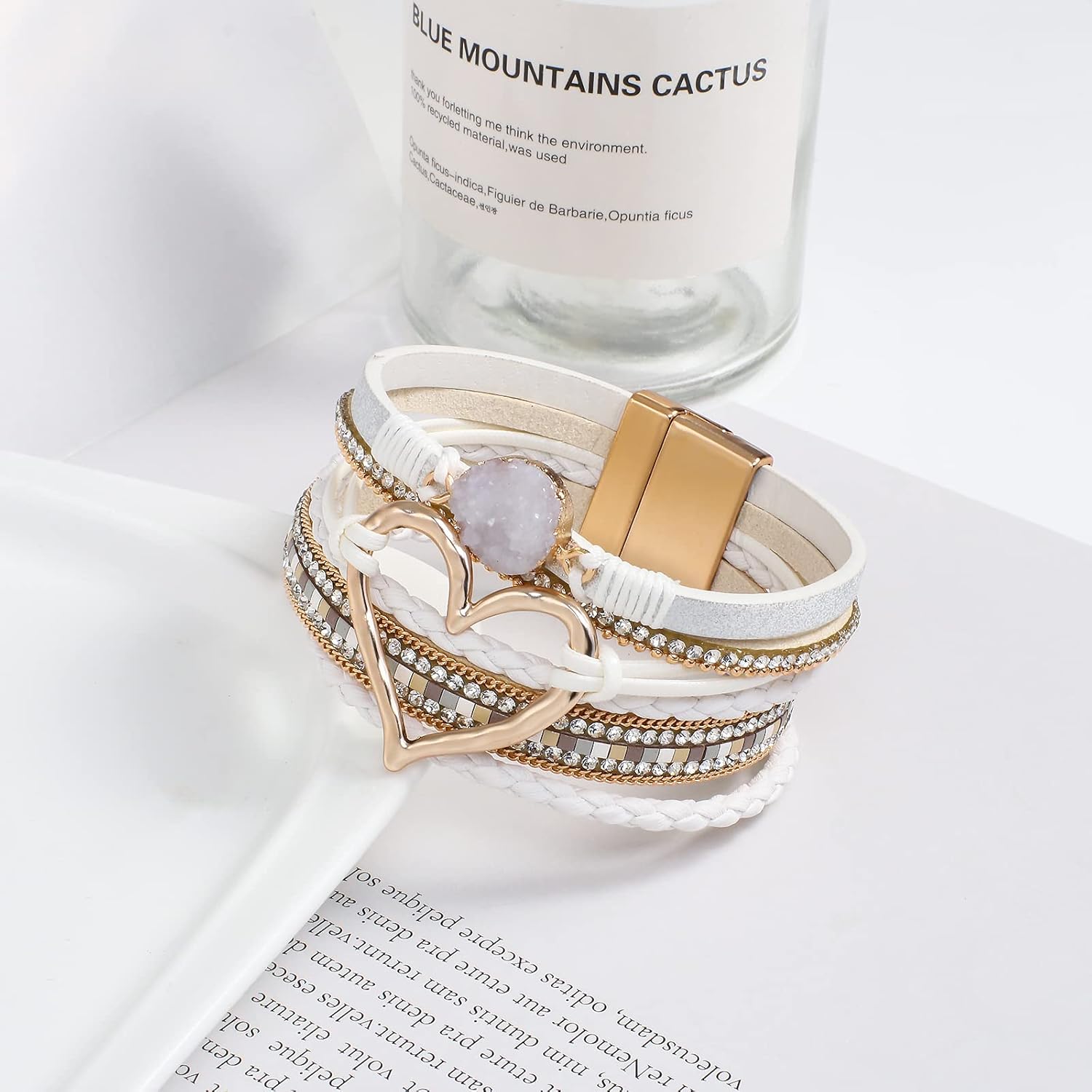 Leather Wrap Bracelet for Women Beaded Cuff Bracelet with Heart-shape Decor Bohemian Crystal Bracelet Jewelry with Clasp Bangle Bracelet for Women Girls Birthday Holiday Gift - Image 6