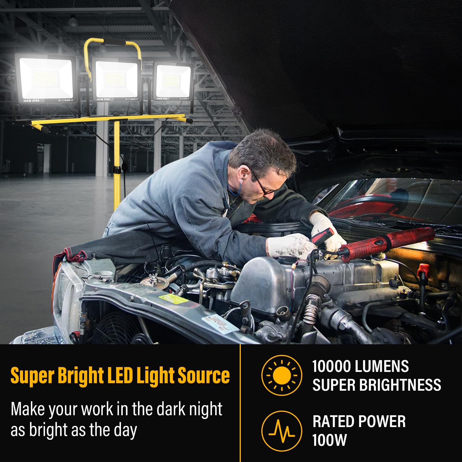 3 x 100W LED Faretto da cantiere con treppiede, 30000LM 175V a 265V IP66 Impermeabile Lampada da lavoro a LED per interni ed esterni con cavo da 5 m per officina, garage, cantiere, seminterrato