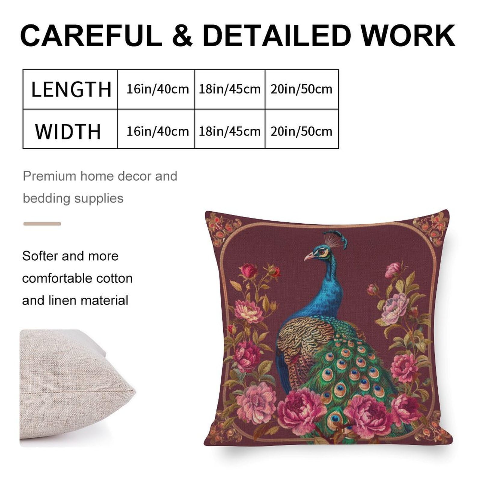 MaSiledy Peacock Floral Square Pillow Cover - 16x16 Inch, Cotton Linen, Zipper Closure