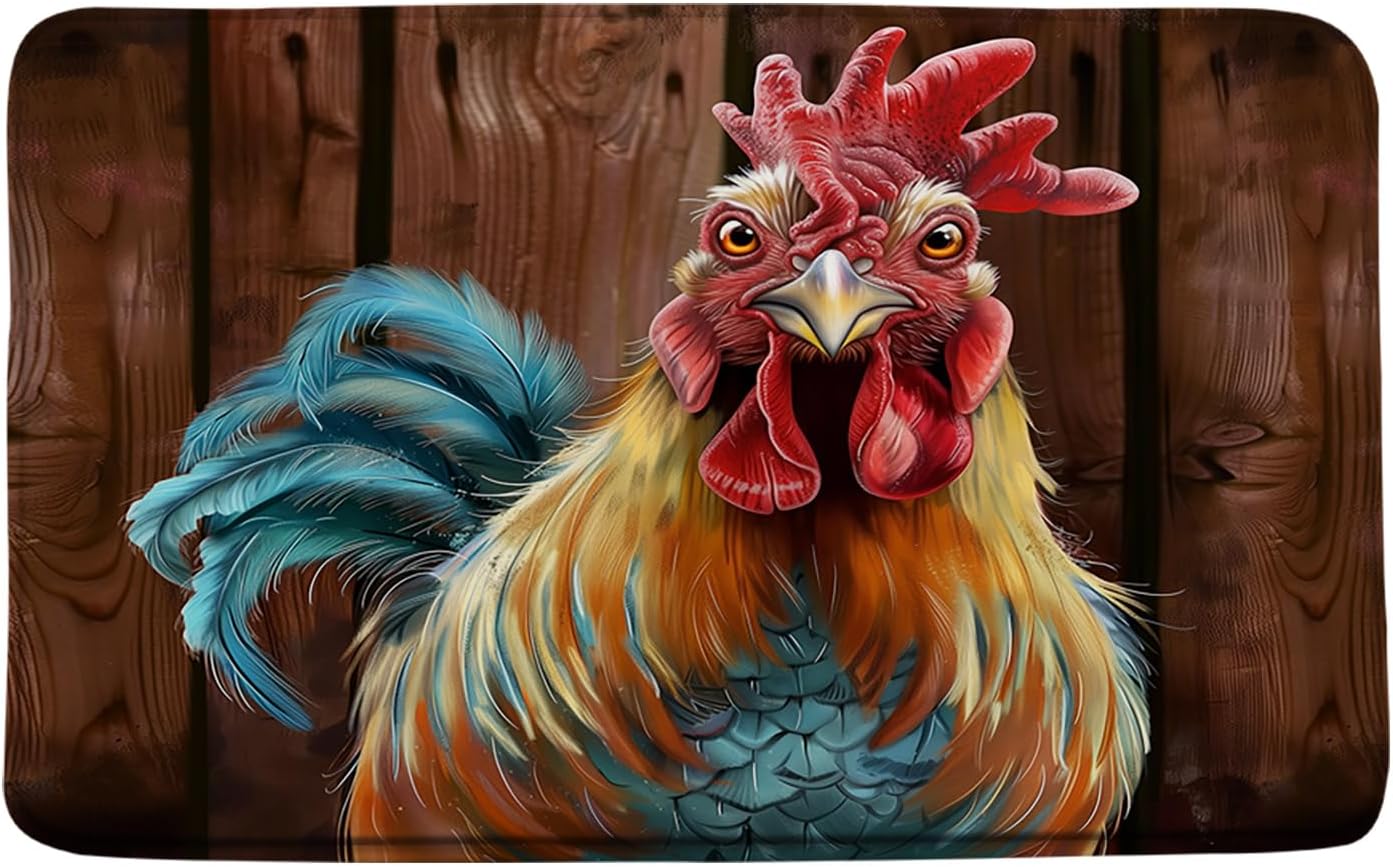 Farmhouse Bath Mat Rustic Western Farm Animal Chicken Rooster Vintage Country Bathroom Doormat Toilet Floor Rug,16x24+17.8x29.5+24x36 Inches