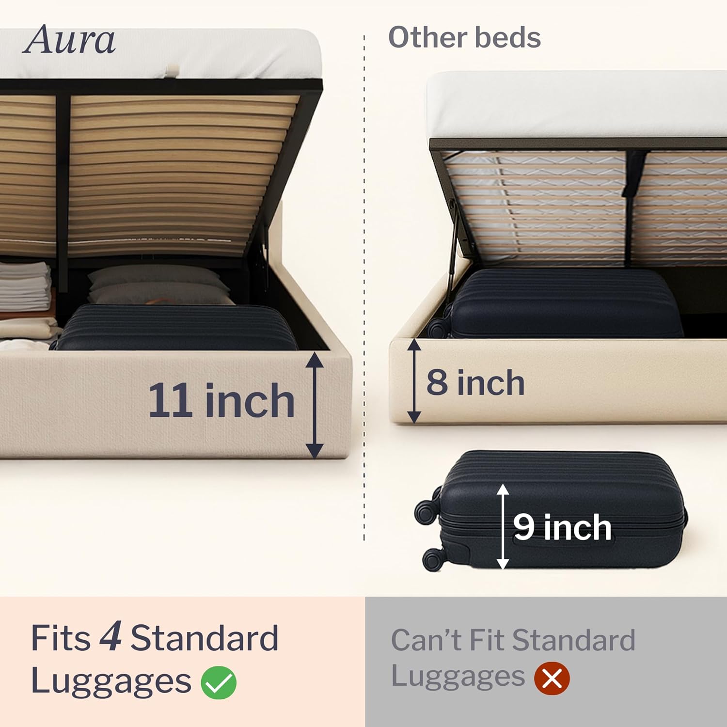 Aura Beige Buttercream Upholstered Queen Size Bed Frame with Storage, Upholstered Headboard, Modern Wingback Design Bed, Metal Queen Bed Frame with High Headboard, No Box Spring Required Queen (U.S. Standard) Biege Buttercream
