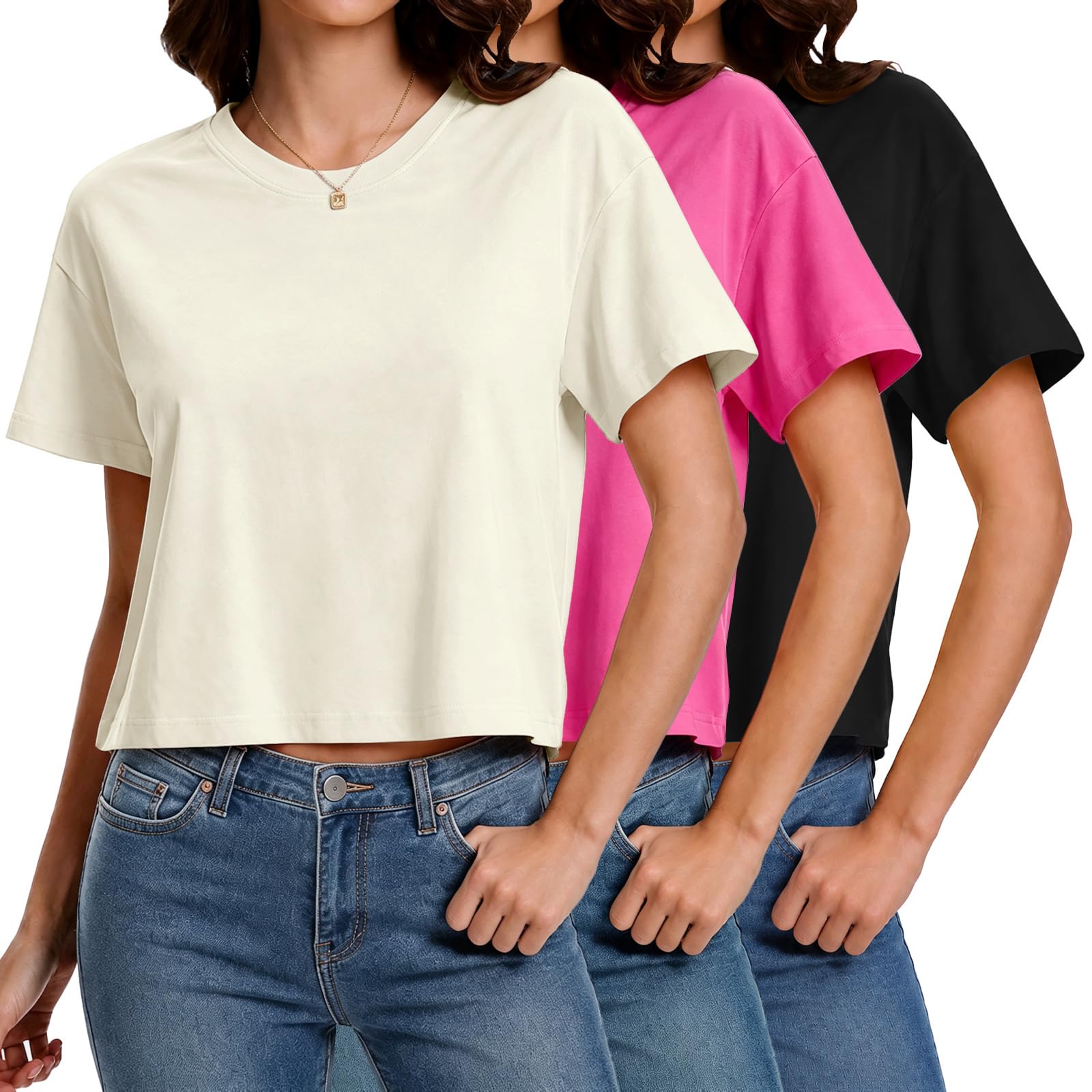 HOTIAN T-Shirts aus 100 % Baumwolle für Damen, übergroßes Workout, kurze Ärmel, Rundhalsausschnitt, lässig, lockere T-Shirts