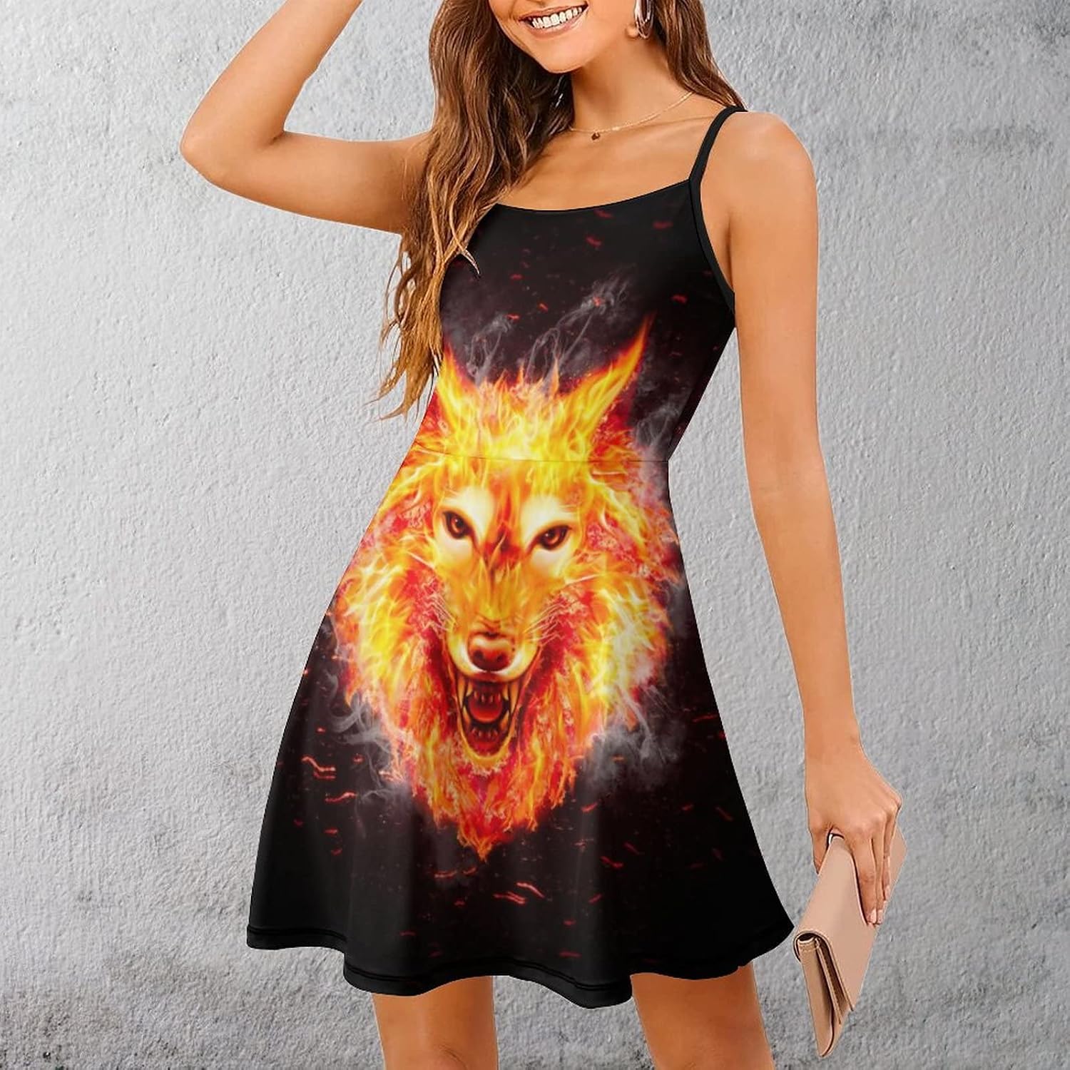 Fire Flaming Wolf Women's Summer Sling Dress Casual Swing Beach Mini Dresses