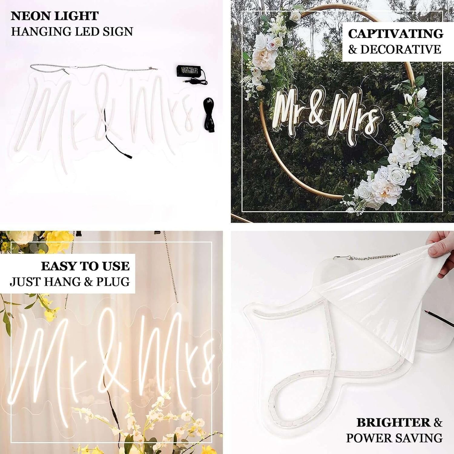 Efavormart 33" Mr & Mrs Neon Light Sign, Warm White LED Reusable Wall Decor with 5ft Hanging Chain for Wedding Reception & Anniversary Party
