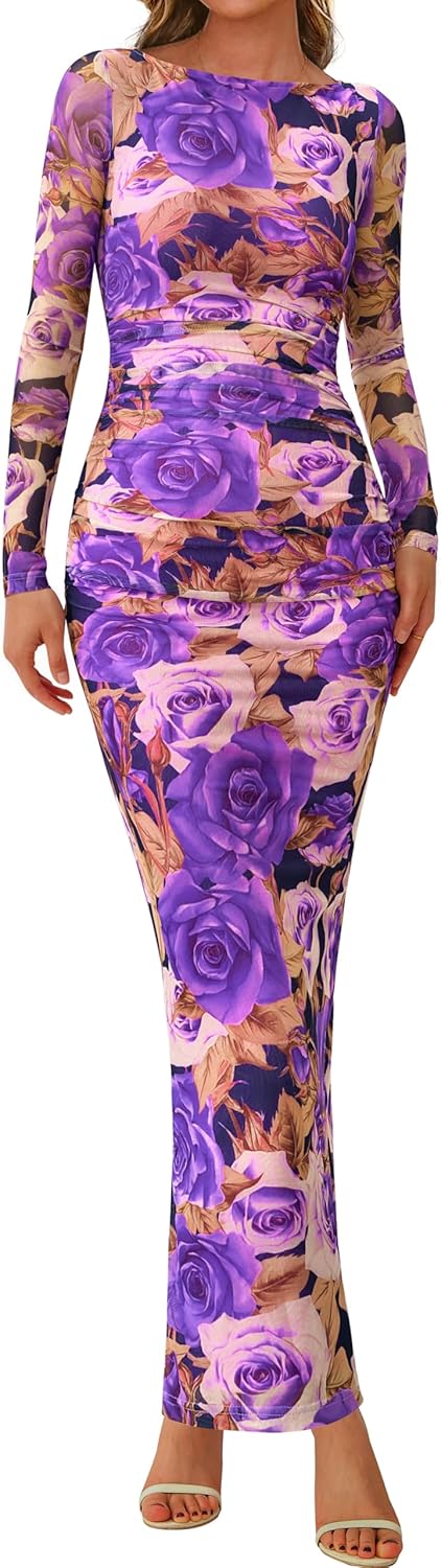 PRETTYGARDEN Women's Long Sleeve Bodycon Dresses 2026 Spring Sexy Floral Mesh Slit Ruched Tight Maxi Wedding Guest Dress