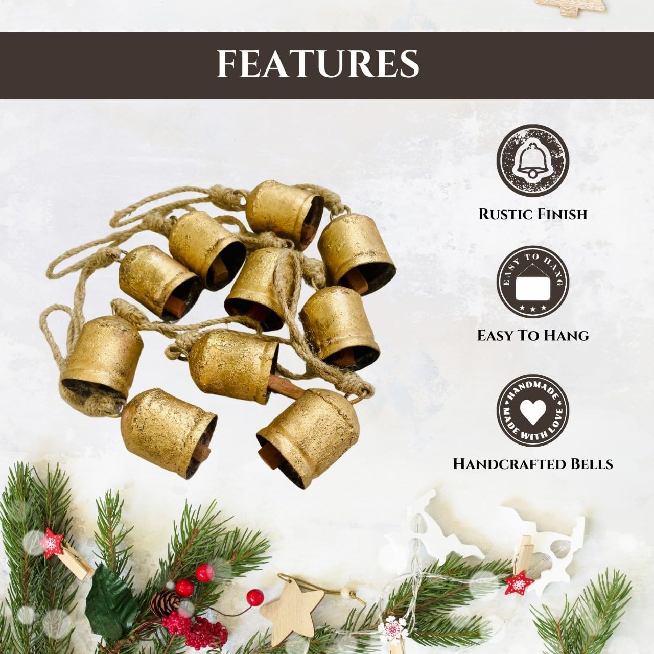 Mie Creations Set of 10 Rustic Vintage Cow Bells, Golden Christmas Bells