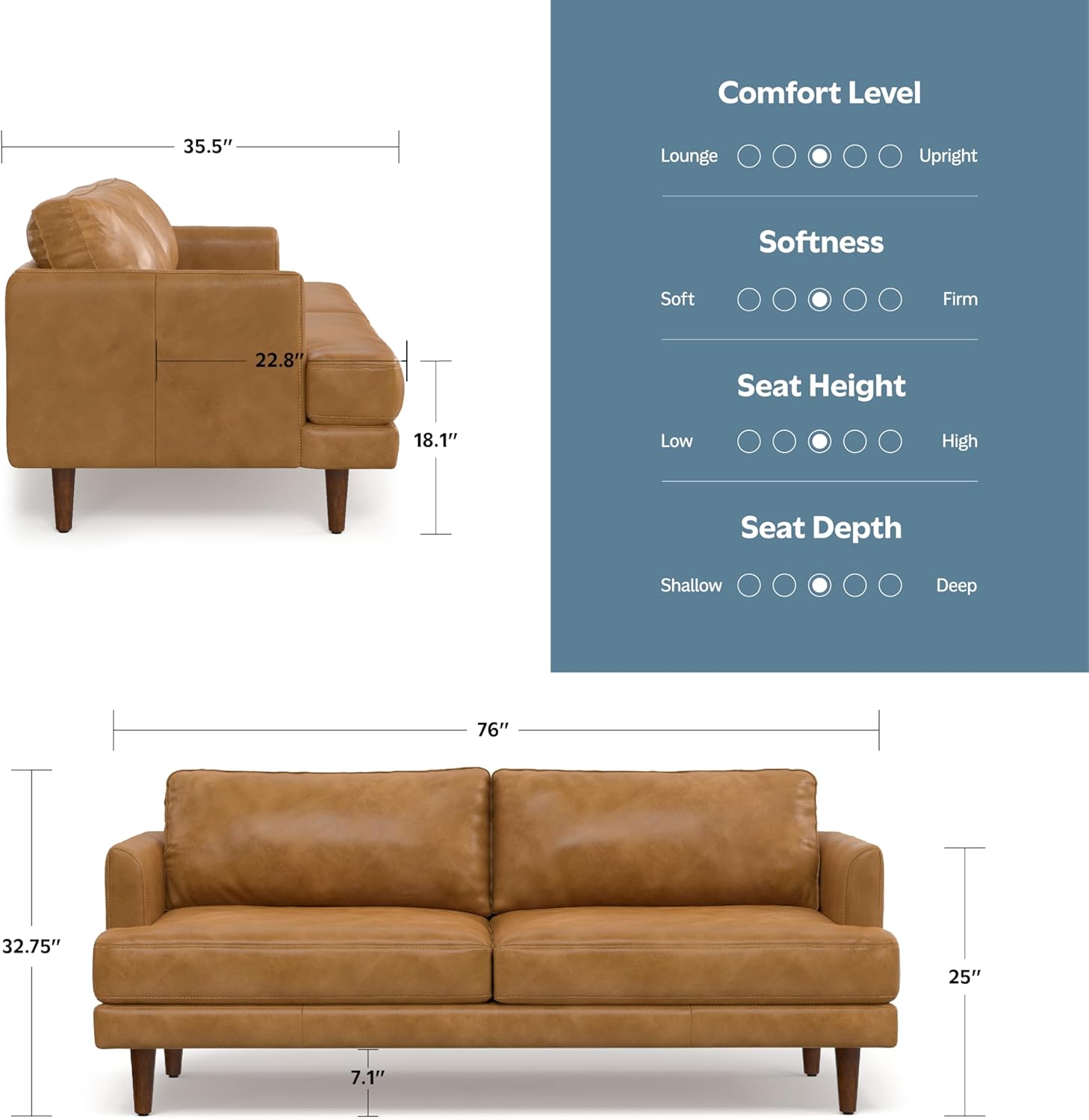 SIMPLIHOME Livingston Sofa - 76" Wide x 33" High Top Grain Genuine Leather Sofa in Sienna, Mid-Century Modern Loveseat for Living Room with Removable Feather-Wrapped Cushions and Solid Wood Frame