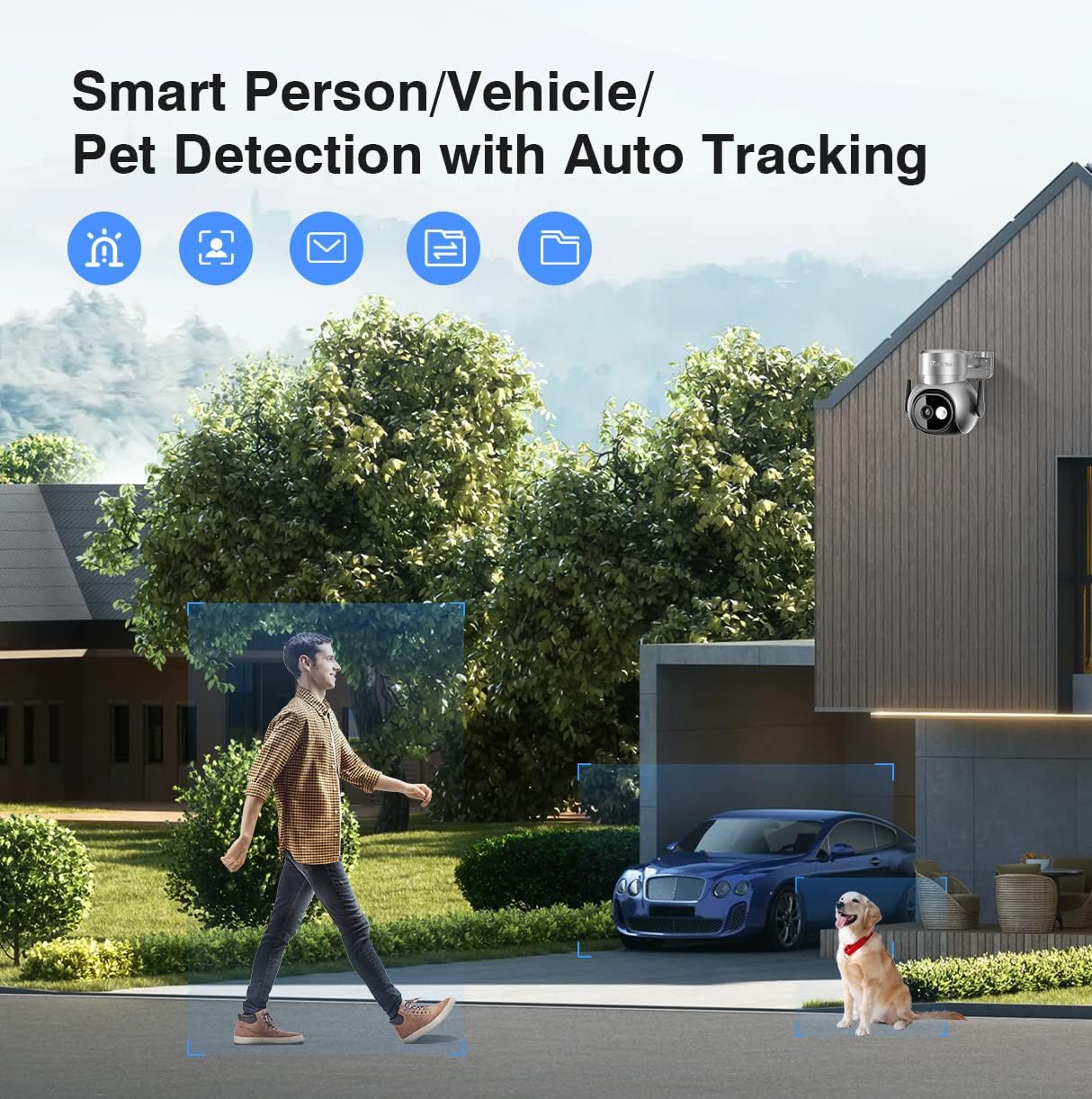 Security camera detecting a person, vehicle, and dog in a driveway with icons for alerts