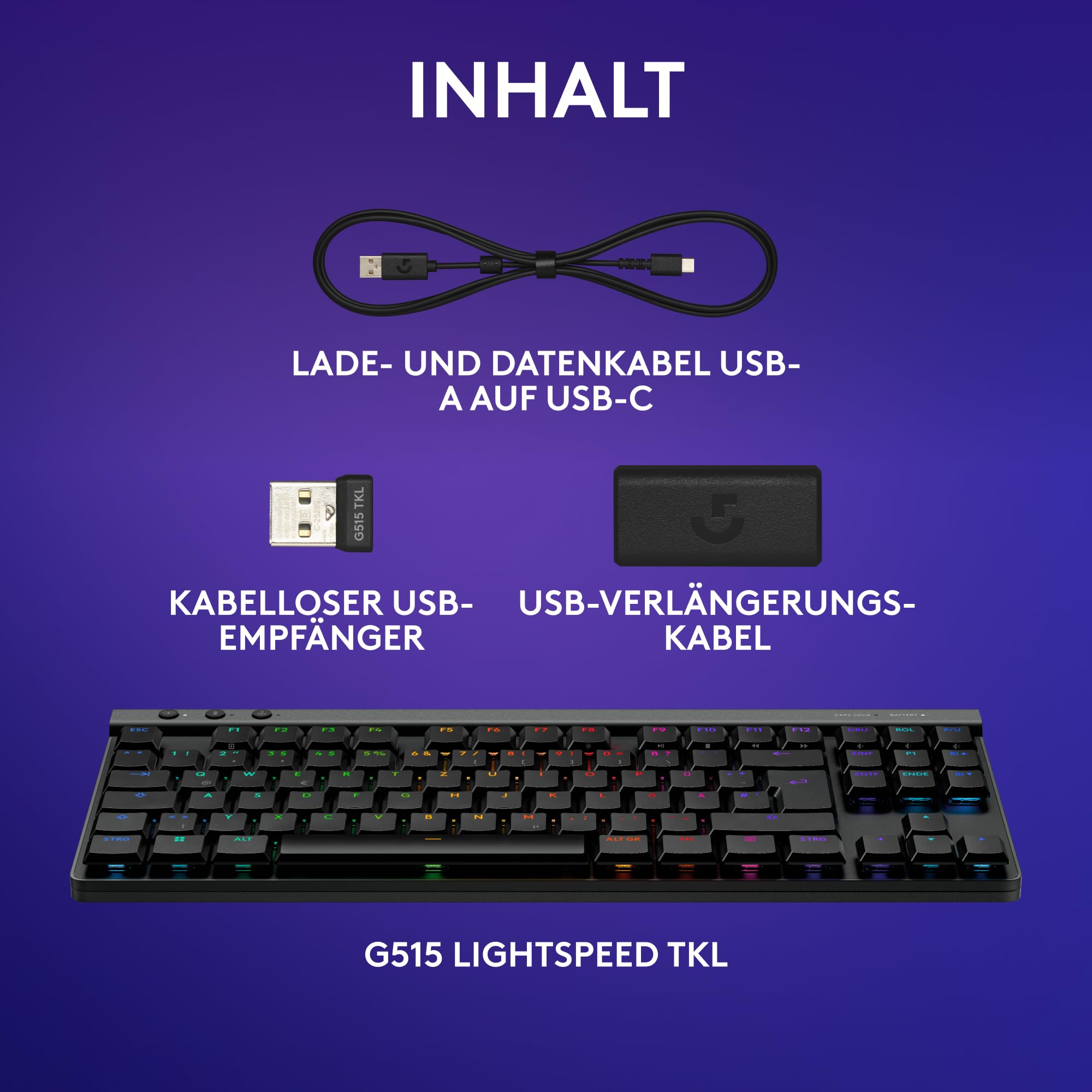 Logitech G G515 Lightspeed TKL kabellose Gaming-Tastatur, LIGHTSYNC RGB, dünnes Profil, PBT-Tastenkappen, taktile Switches, Deutsches QWERTZ-Layout Schwarz