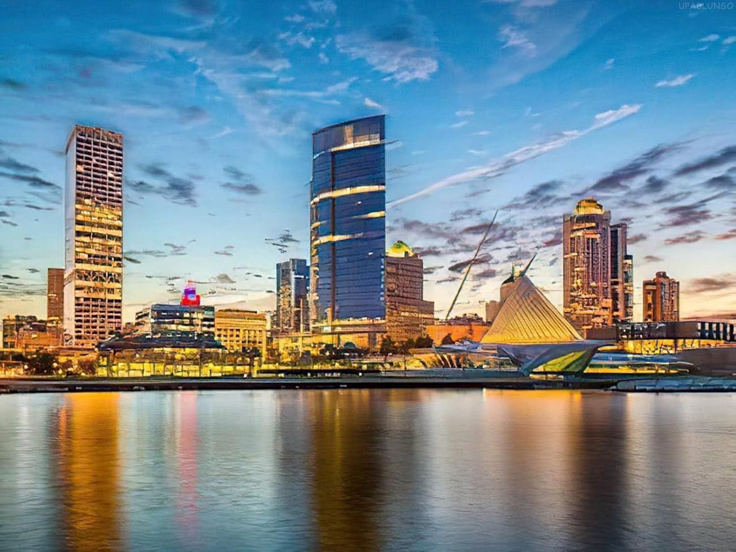 UPABLUNSO USA Downtown Diamond Painting Kits, Milwaukee Wisconsin USA Downtown City Skyline on Lake, 5D DIY Full Drill Diamond Art Set for Home Wall Decor Adults 12 x 16 inch