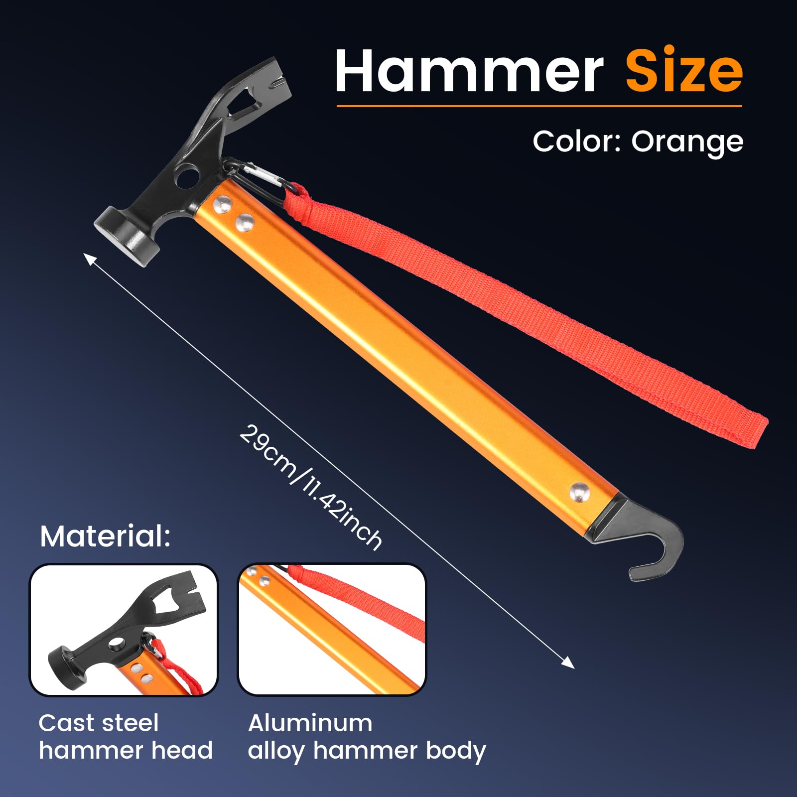Camping Hammer Zelthammer mit Heringsauszieher Handschlaufe Robuster Zelt Hering Hammer für Zelt, Hartboden, Outdoor(Orange)