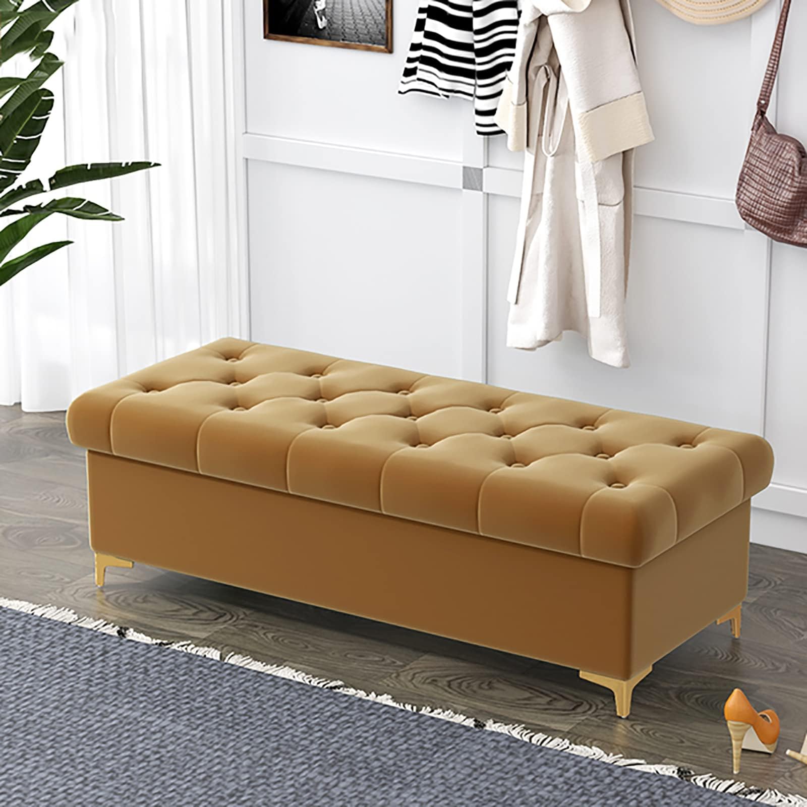 Banc de rangement en velours moderne capitonné marron coffre bout de lit 60 cm