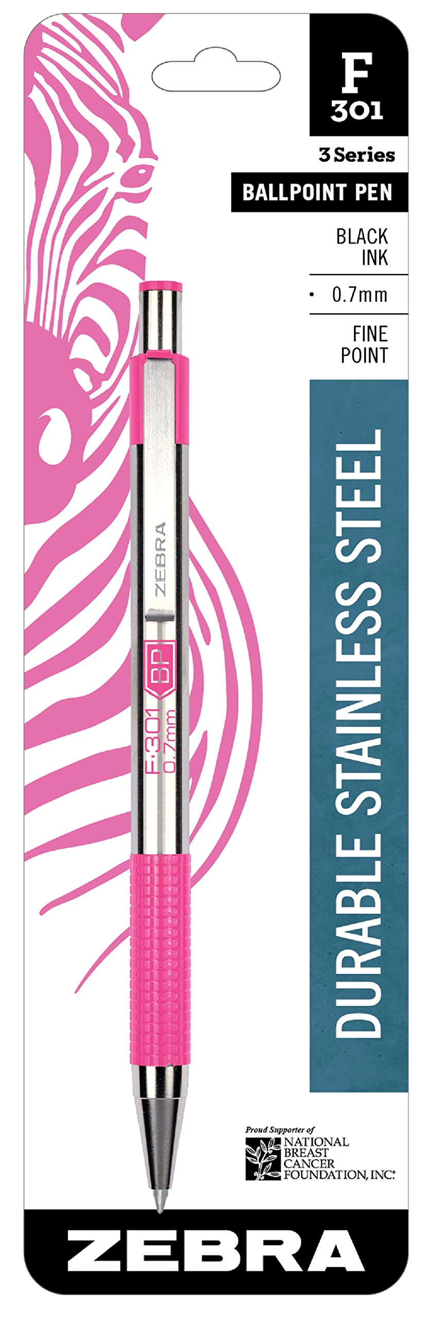 Zebra F-301 Stainless Steel Retractable Ballpoint Pen, 0.7mm, BCA Pink Barrel, Black Ink (6)