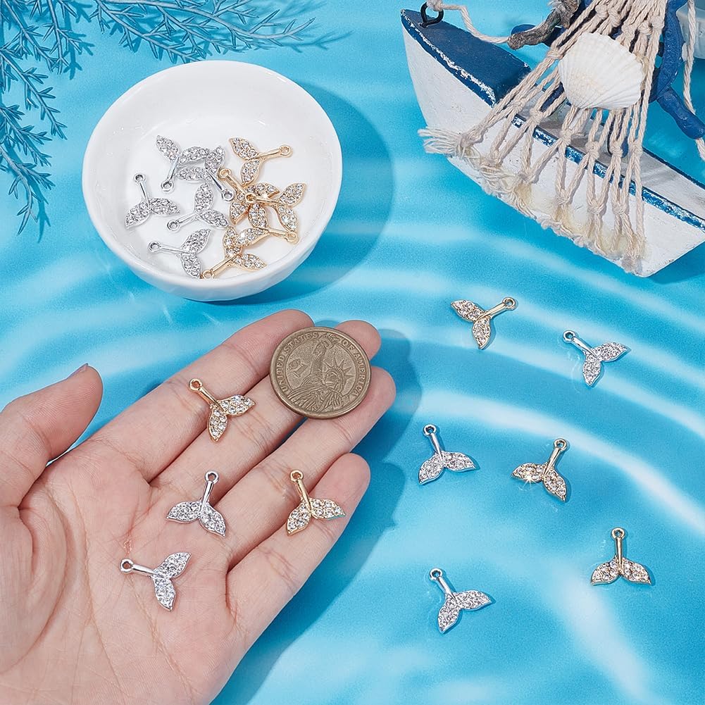 WADORN 40Pcs Mermaid Tail Charms, 2 Colors Whale Tail Shape Charms Alloy Rhinestone Pendants Mermaid Charm for Jewelry Making Silver and Gold Charm for Earrings Bracelets Necklaces - Image 3