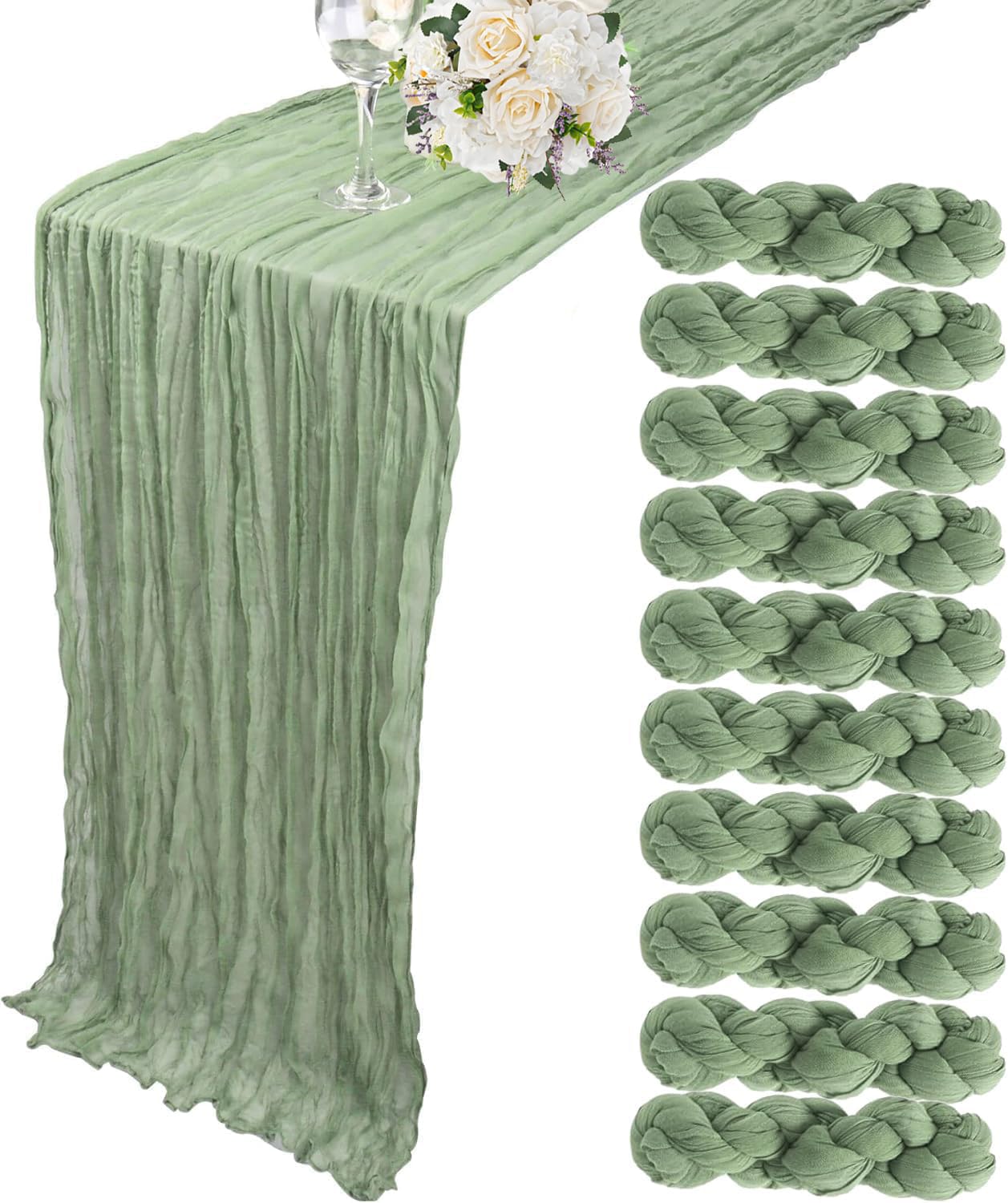 10 Pack Sage Green Cheesecloth Table Runner 10ft Boho Gauze Fabric Cheese Cloth Table Runner 35 x 120 Inch Rustic Sheer Runner for Romantic Wedding