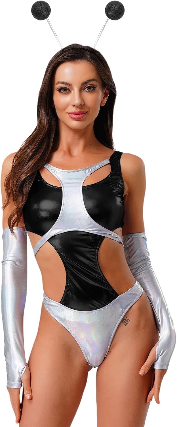 Mufeng Alien Halloween Costume for Women Metallic Shiny Hollow Out Bodysuit Sleeves Headwear