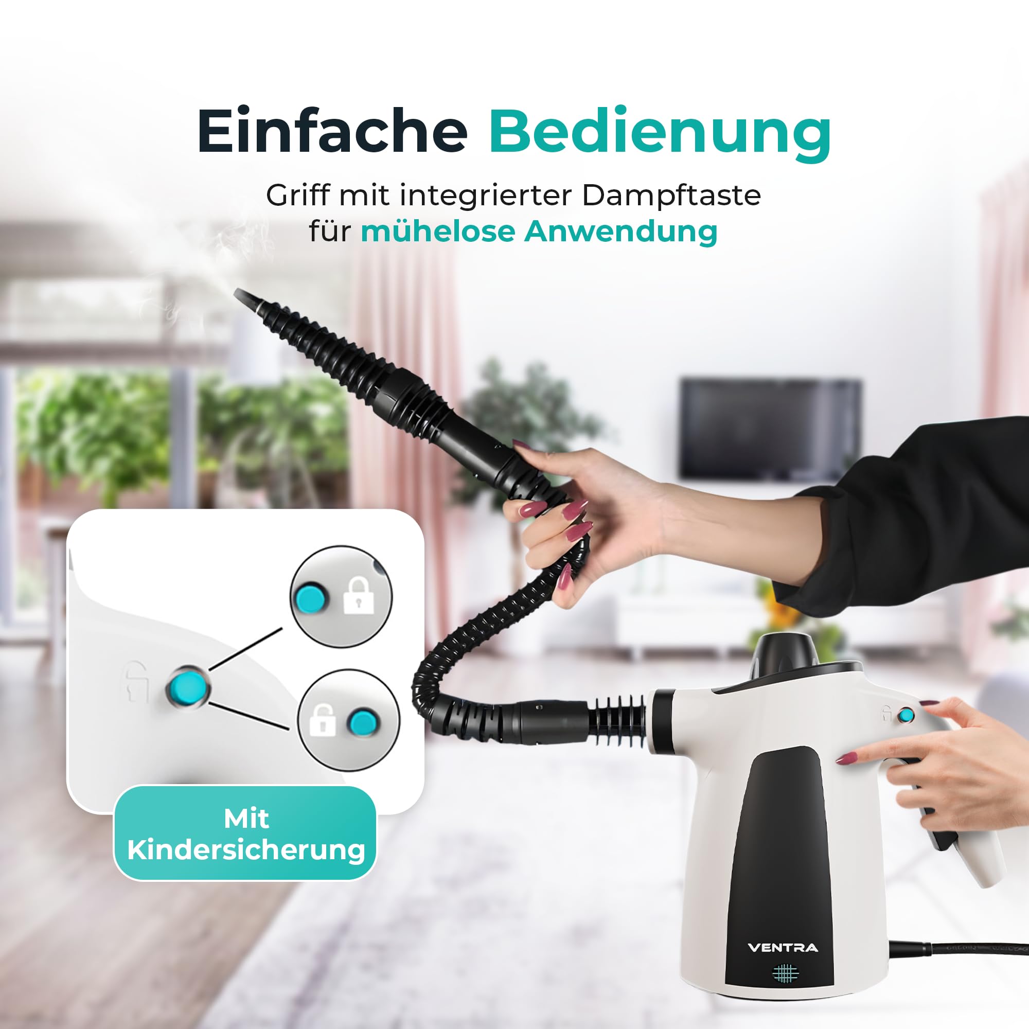 VENTRA® 15-teilig Dampfreiniger – Handdampfreiniger – 3.5 Bar | Extra leistungsstarkes, 5 Meter Stromkabel, inklusive Mikrofasertuch