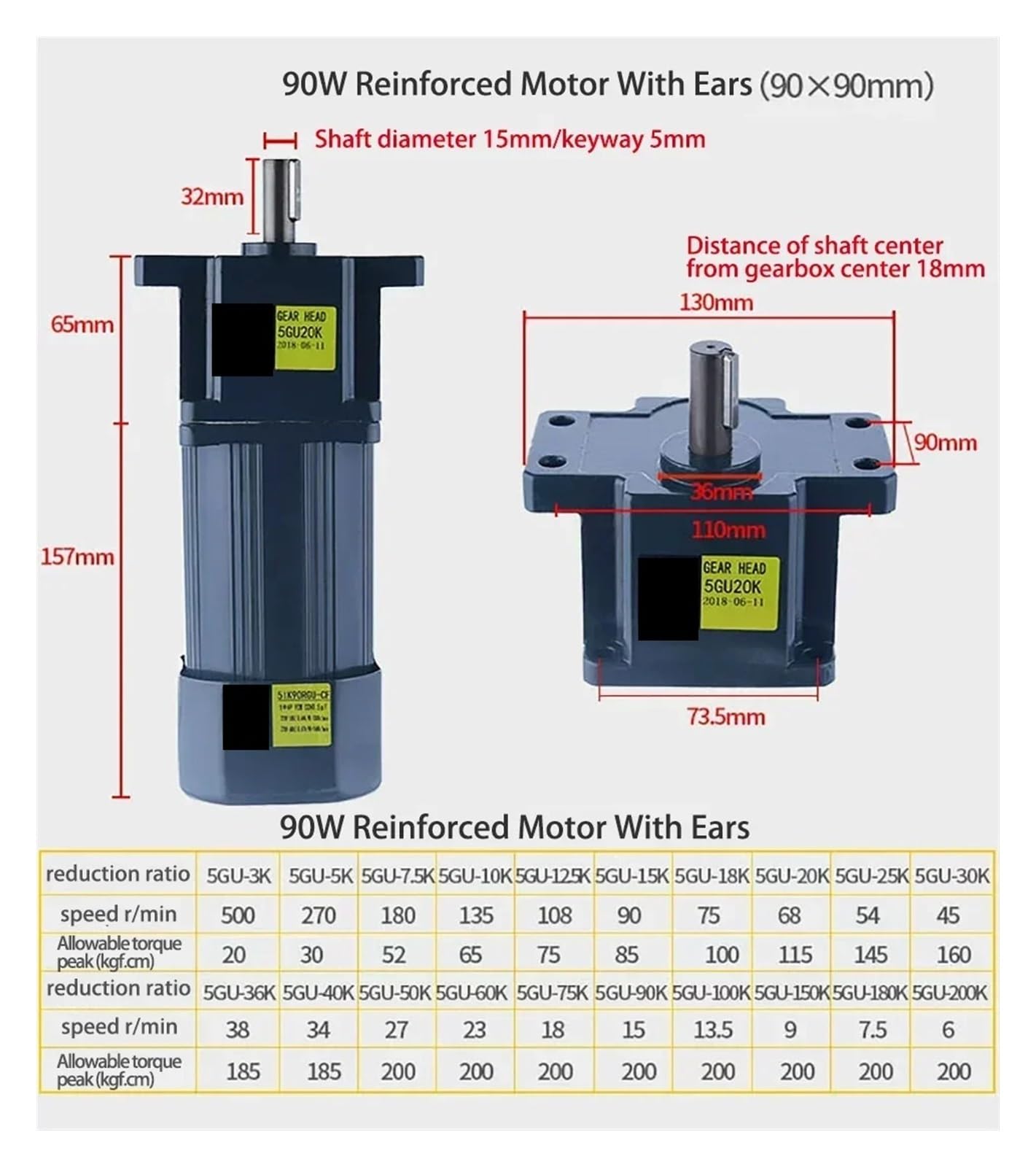 Motor Asíncrono 90W 110V con Orejas Regulador de Velocidad 5IK90RGU-CF Monofásico Diámetro Eje 15mm | 0-9RPM