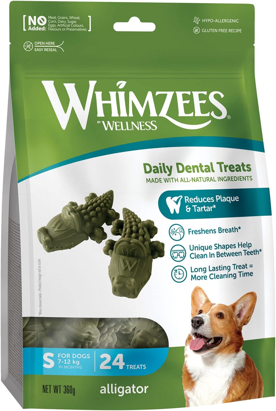 WHIMZEES Alligator S, 24 Pieces – Dog Dental Stix, Size S, Dog Dental Sticks for Small Breeds, Natural and Grain Free, Rawhide-Free, Vegetarian, No Added Sugar