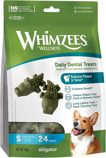 WHIMZEES Alligator, Natural and Grain Free Dog Dental Sticks, Dog Chews for Small Breeds, 24 Pieces, Size S