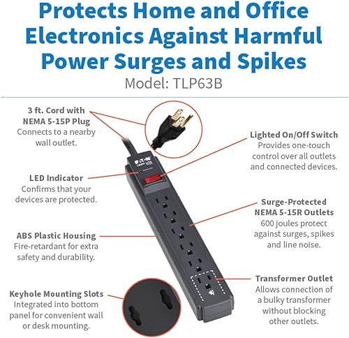 Miniatura 2 de Eaton Tripp Lite Series - Tira de alimentación con protector de sobretensiones de 6 tomas, cable de extensión de 3 pies, 600 julios, disyuntor de 15