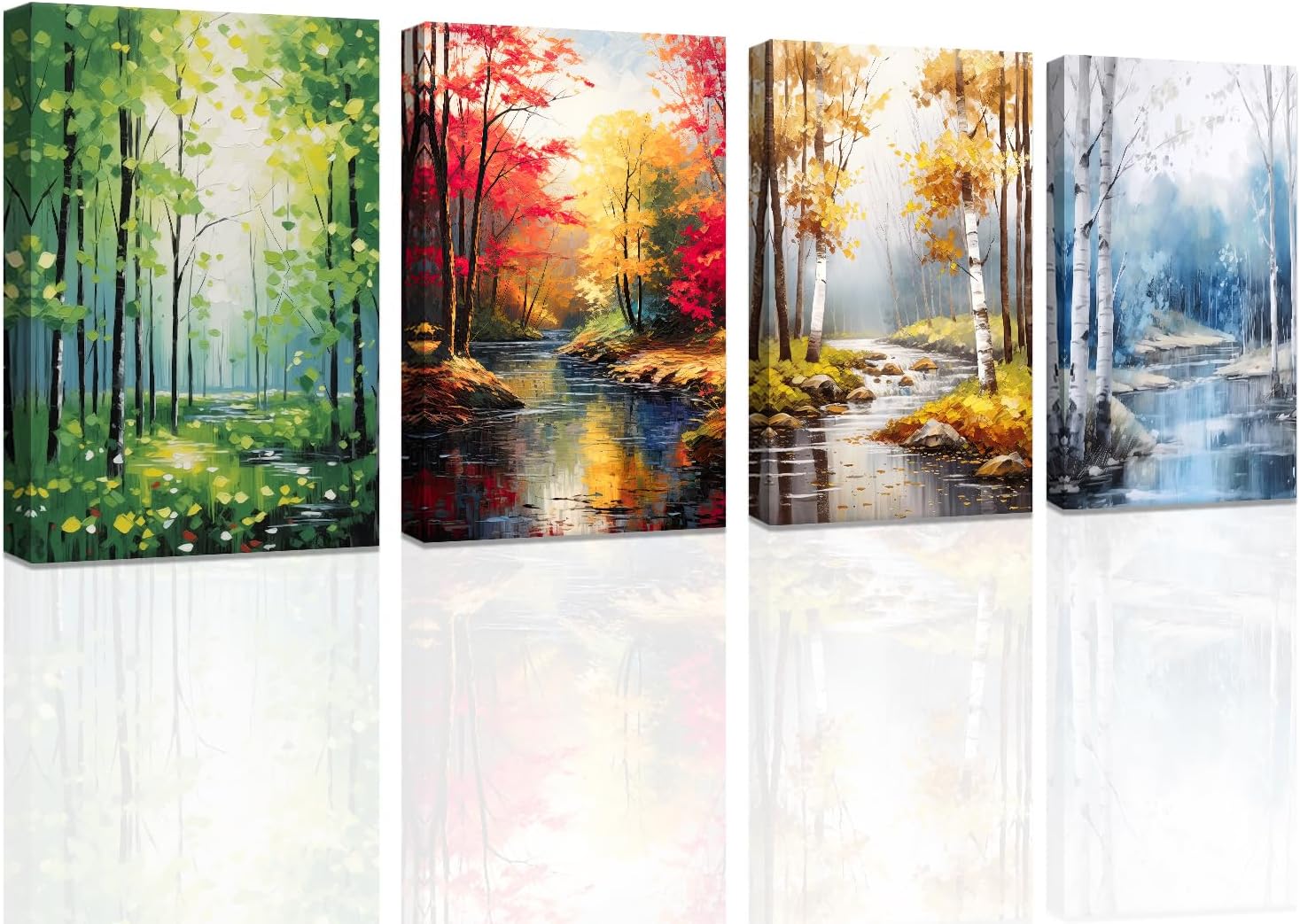 SWQYLB 4 Seasons Canvas Wall Art Spring Summer Autumn Winter Picture 4 Pieces Nature Landscape Painting Forest Prints for Living Room Home Decor Framed (Blue, (12x16inchx4 Pieces))