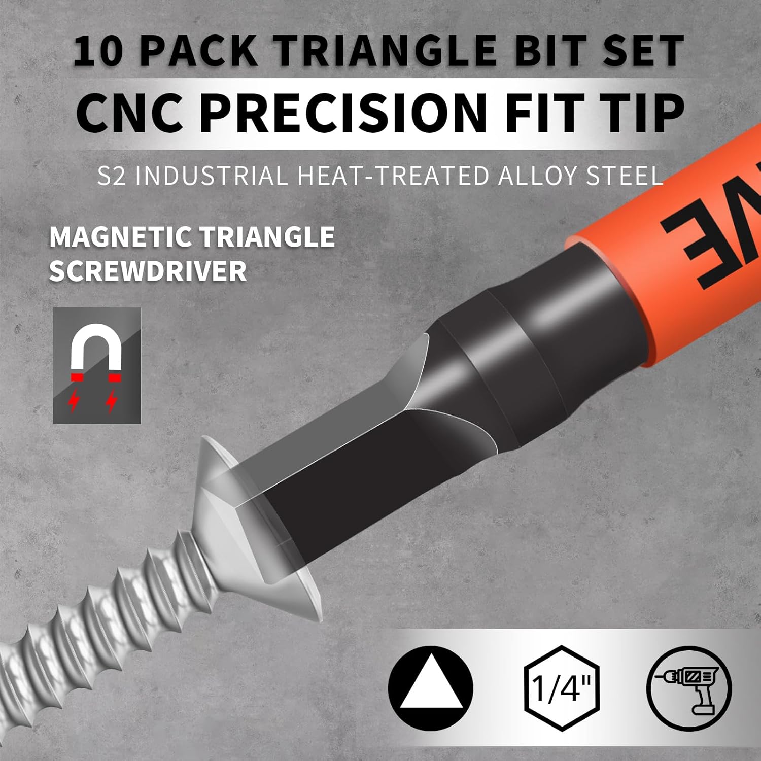 10-Pack Triangle Screwdriver Set - Premium S2 Steel Triangle Bit Set (2.56" Long Magnetic Head) 1/4 Hex-Shank, Sizes: TA12, TA14, TA16, TA18, TA20, TA23, TA25, TA27 (x2), TA30, Professional & DIY Use