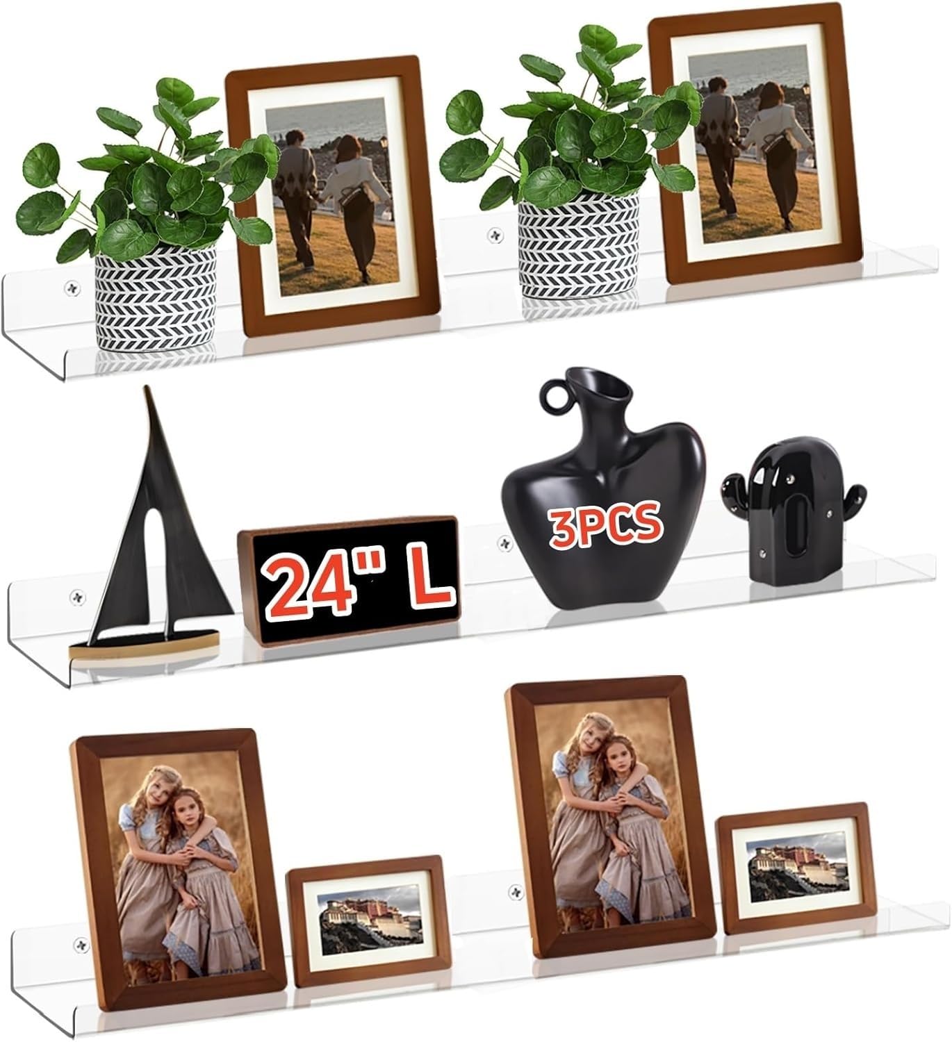 24 Inch Long Acrylic Shelves - 3 Pack Clear Floating Shelves for Bathroom, Bedroom, Kitchen - Floating Wall Shelves for Wall Decor Display - Book, Photo, Makeup - Mounted with Screwdriver