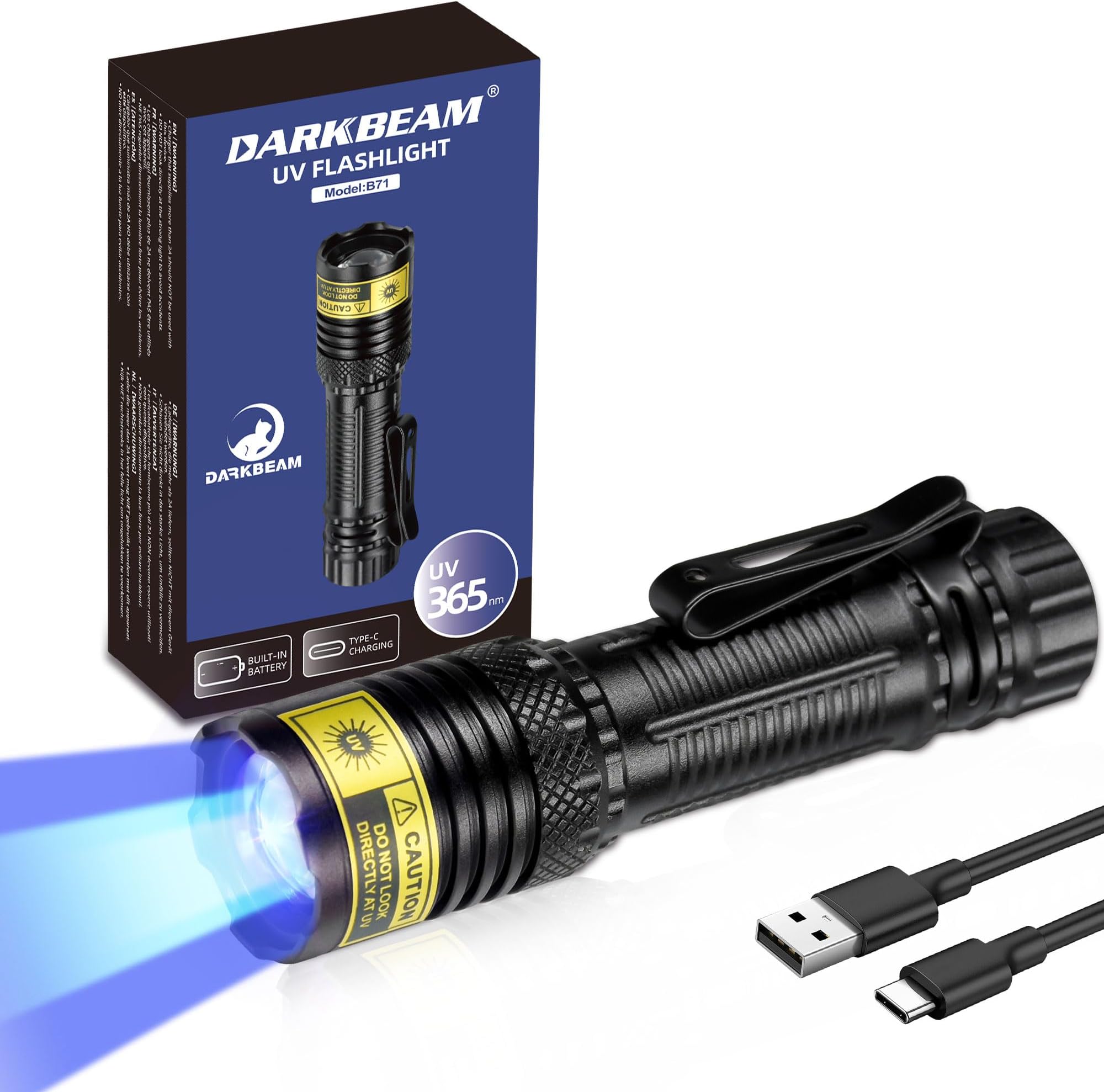DARKBEAM 365nm UV Flashlight Black Light, Mini but Powerful Blacklight USB- C Rechargeable, Focusable Woods Lamp Water Resistant, Detector for Pet Urine, AC Leak Detection, Curing Resin