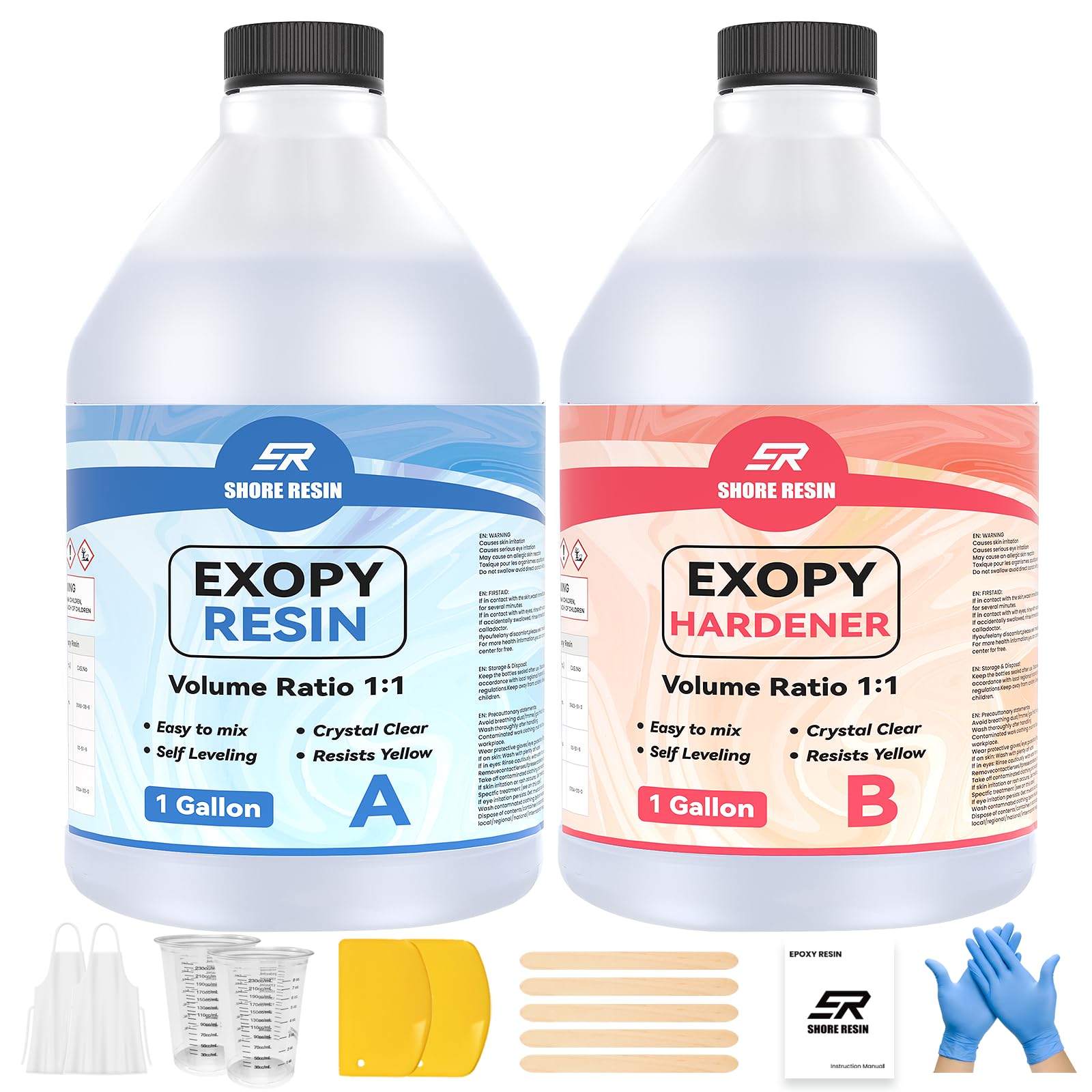 SHORE RESIN Epoxy Resin Kit, Crystal Clear 1:1 Self-Leveling Resin System with High Gloss Finish for Jewelry Making, Casting, Coating & DIY Craft Projects (2 Gallon)