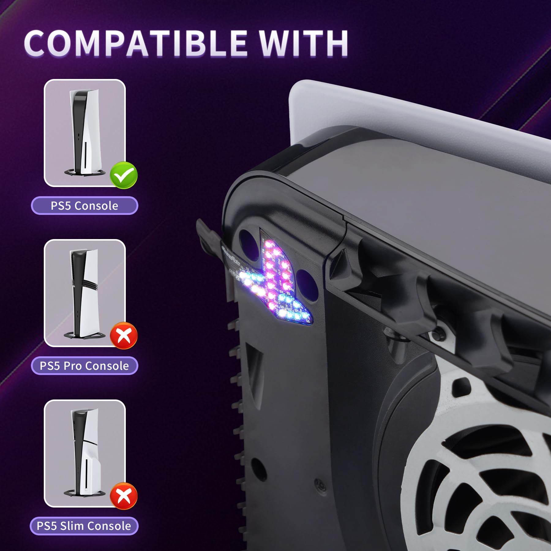 eXtremeRate RGB Rainbow Logo LED Kit für ps5 Konsole (2020 CFI-1 Series), 7 Farben 40 Lichteffekt Logo-LED Beleuchtung Kabel Zubehör für ps5 Disc & Digital Console