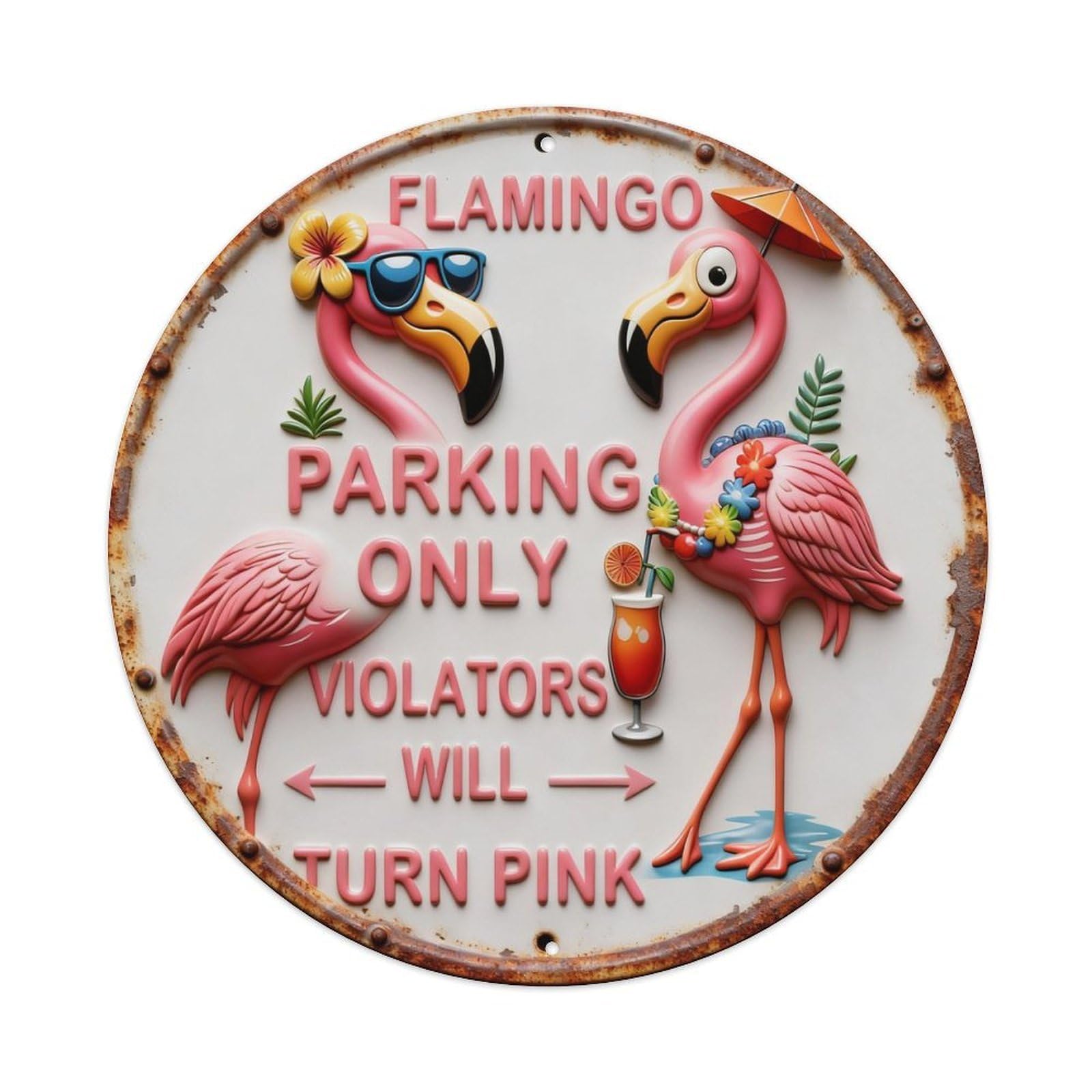Flamingo Parking Only Violators Turn Pink Round Metal Tin Sign Vintage Wall Decor, Bar Garage Cafe Kitchen Home Wall Art Poster 8x8inches