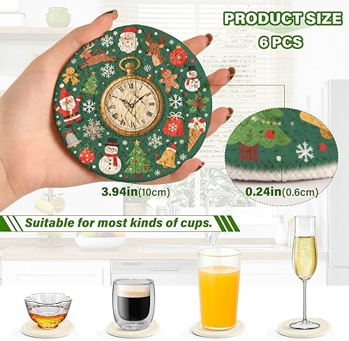 Miniatura 3 de Merry Christmas Vintage Pocket Watch Green Coasters Absorbant Set with Holder 6 Pack Drink Coasters for Home Posavasos para Mesa