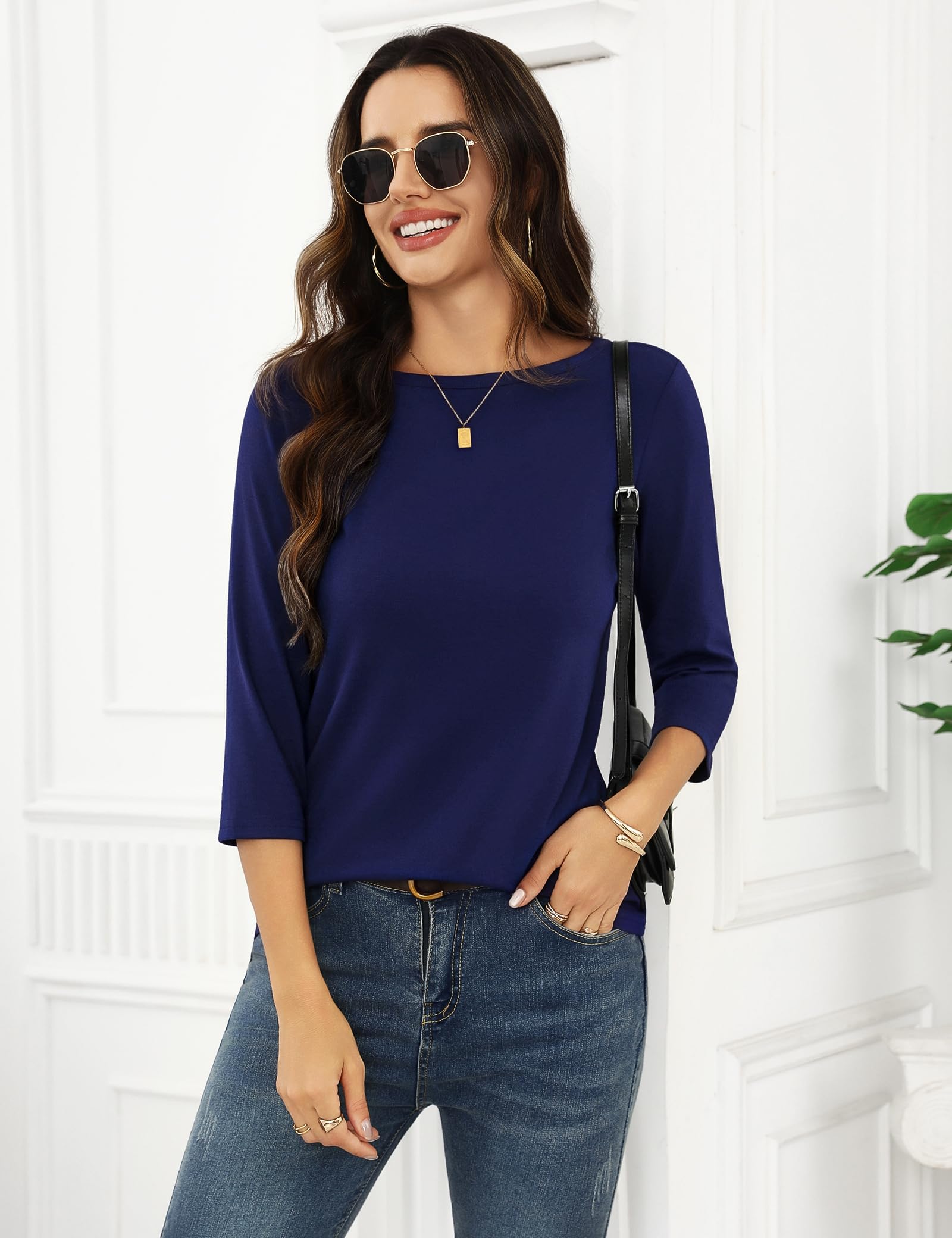 Totatuit T-Shirt Donna con Scollo a Barchetta Manica a 3/4 Maglietta vestibilità Larga Casual Moda Top Basic Elasticizzato