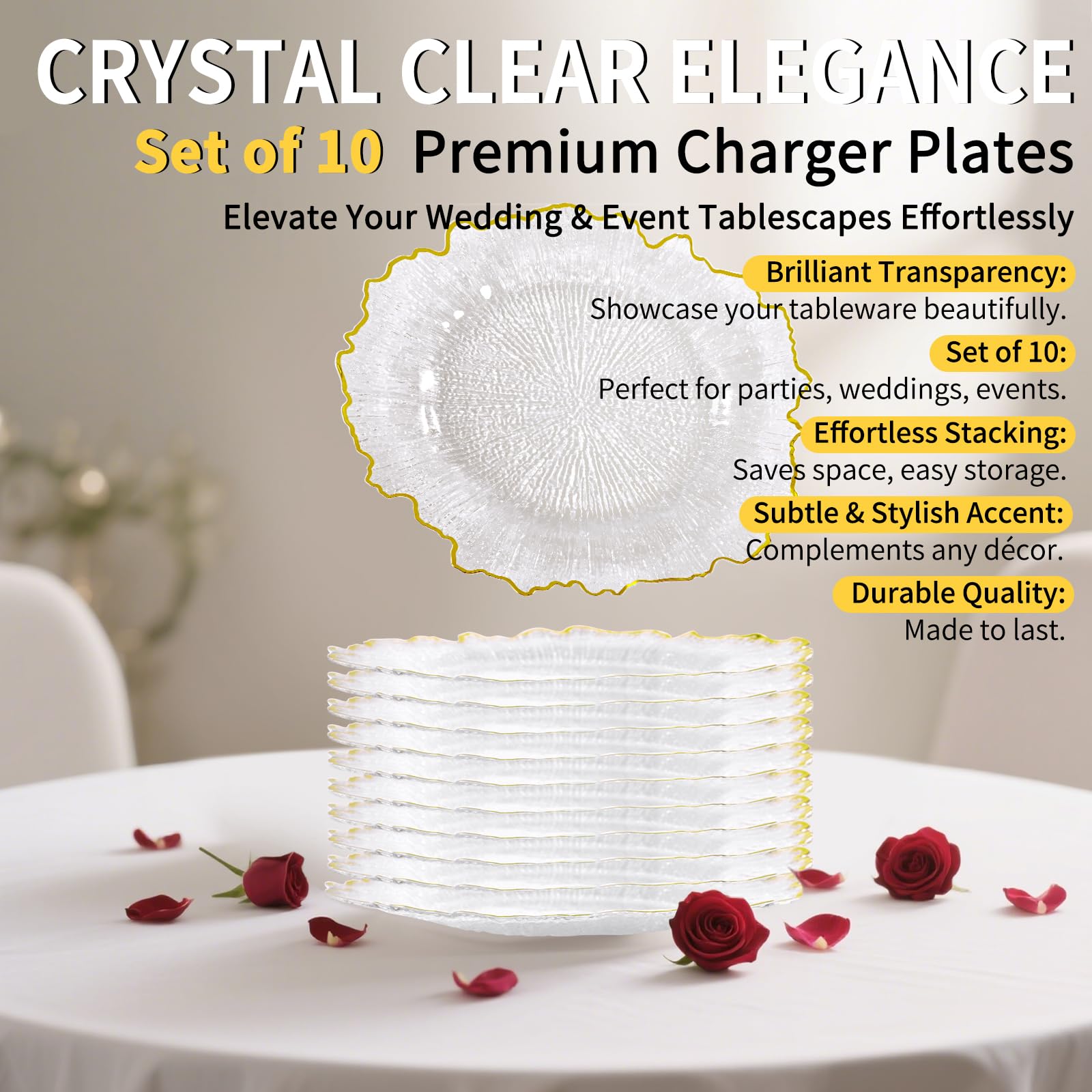 Lot de 10 assiettes transparentes en plastique de qualité supérieure pour mariage - 33 cm - Bord doré - Motif récif de flore - Assiettes décoratives pour événements et fêtes