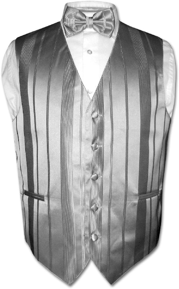 Vesuvio Napoli Men's Dress Vest & BOWTie SILVER GREY Color Woven Striped Design Bow Tie Set