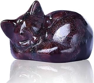 WUYOUSHI Natural Garnet Cat Crystals Decor Sleeping Cat Statue Healing Crystal Polished Gemstones Bedroom Office Desk Home Decoration A Lucky Decoration