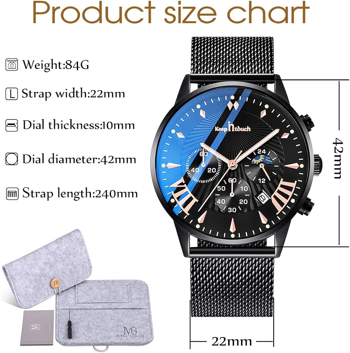 MICGIGI Men's Watch Analog Quartz Wrist Watch with Stainless Steel Mesh Strap Waterproof Watch, Black - Image 3